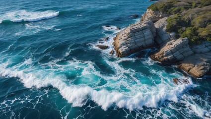 Poster - Aerial View of Turquoise Ocean Waves Crashing Against Rocky Coastline with Lush Greenery on Cliffs in Bright Natural Light