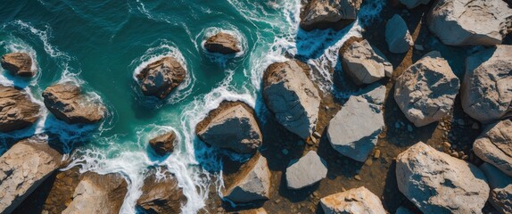 Poster - aerial view of seashore rocks and turquoise sea waves under bright sunny sky ideal for summer travel