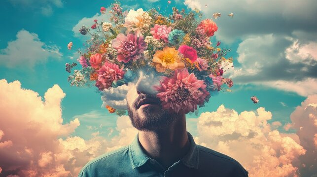 A modern artistic take on identity and nature, a man with a floral bouquet head in the sky