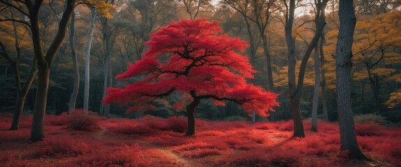 Poster - Vibrant red tree surrounded by autumn foliage in a serene forest landscape with rich colors and soft lighting.