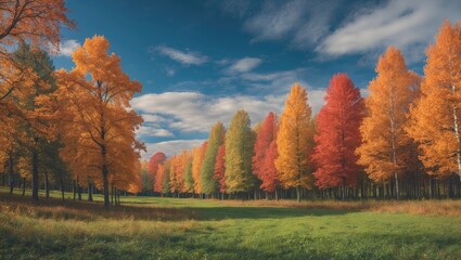 Wall Mural - Vibrant Autumn Foliage Along Forest Edge With Clear Blue Sky Enhancing Scenic Nature Landscape Ideal For Hiking And Outdoor Activities