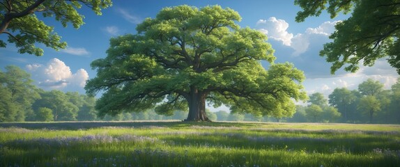 Wall Mural - majestic old tree in a sunlit meadow surrounded by vibrant greenery and colorful flowers under a bri