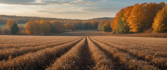 Poster - autumn landscape of a golden field with vibrant trees and open space for text placement