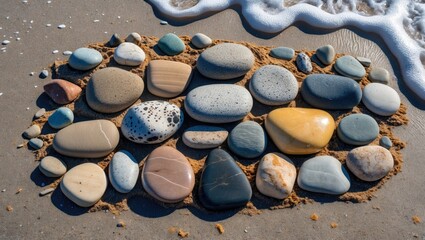 Poster - Colorful pebbles arranged on sandy beach with gentle waves creating a serene coastal atmosphere and showcasing natural textures and designs.