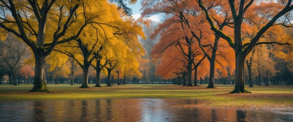 Poster - Vibrant Autumn Foliage Reflected in a Tranquil Wet Park Scene with Mossy Trees on a Sunny Day