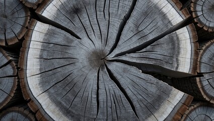 Poster - Tree stump cross-section with intricate rings and natural textures in gray tones, showcasing the beauty of wood and nature's patterns.