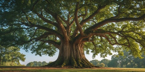 Poster - Majestic old tree with sprawling branches and lush greenery providing ample copy space for text or overlay messages in a serene landscape.