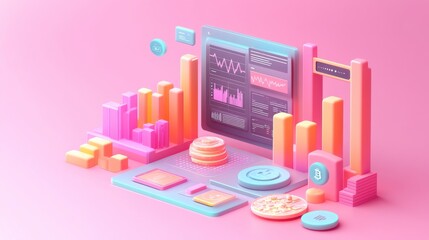 Poster - A vibrant 3D representation of data analytics, featuring colorful charts and graphs against a pink background.