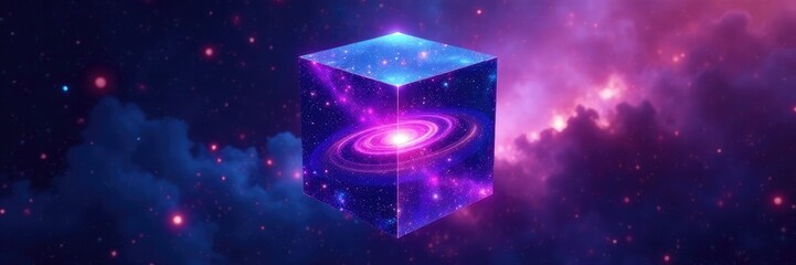 Wall Mural - cube with a swirling purple and blue spiral shape inside, shape, universe