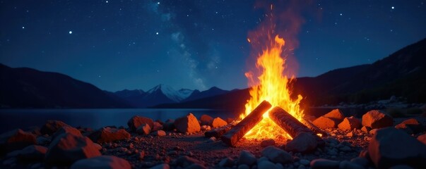 Wall Mural - fire crackling in campfire pit under starry sky, stars, flames