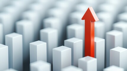 Poster - Business Expansion concept. A red arrow points upward amidst gray bars, symbolizing growth and progress in a visually striking manner.