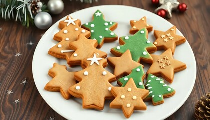 Poster - an image of a plate of cookies decorated with christmas trees and stars, there are many cookies that are decorated with green and white icing