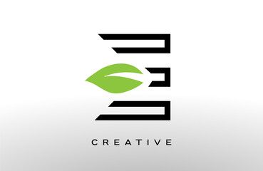 Wall Mural - letter e logo design with green leaf made of black lines vector