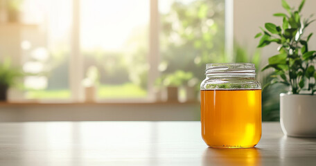 Aufkleber - A jar of organic honey sits on a wooden table, illuminated by warm natural light. The background features lush greenery, enhancing the serene atmosphere of this beekeeping endeavor.