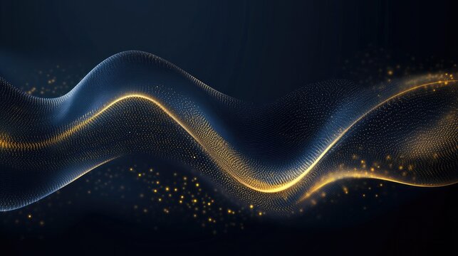 Elegant dark blue background with shimmering gold particles and soft golden light bokeh, festive holiday atmosphere