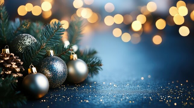 Elegant dark blue background with shimmering gold particles and soft golden light bokeh, festive holiday atmosphere