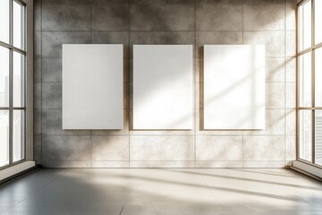 Poster - contemporary gallery space with blank canvas panels on modern concrete walls and natural light from 