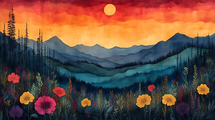 Wall Mural - Vibrant sunset over mountain meadow, colorful wildflowers, wall art