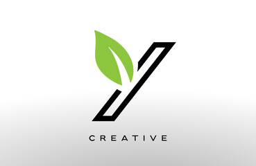 Wall Mural - letter y logo design with green leaf made of black lines vector