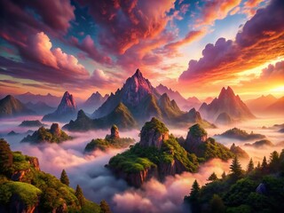 Canvas Print - Surreal Sunset Mountain Landscape: Dreamlike Pink & Purple Sky