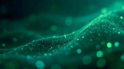 Poster - Enchanting Waves of Green Particles Sparkle Under Soft Illuminated Background in Dreamy Abstract Landscape