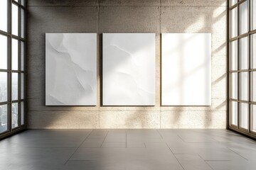 Poster - contemporary art gallery empty white canvases minimalist design bright natural light spacious modern