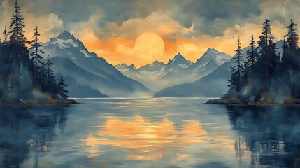 Wall Mural - Sunset over mountain lake, tranquil scene, digital art, nature background, calming wallpaper