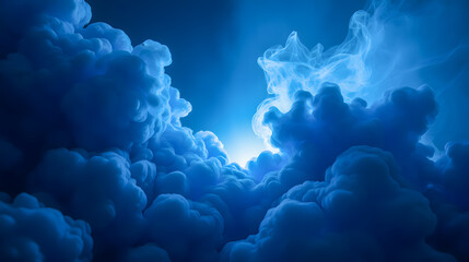 Poster - Ethereal Blue Clouds Illuminated by Soft Light Creating a Mystical and Dreamy Atmosphere in the Sky