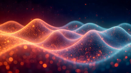 Poster - Abstract digital landscape with glowing waves of vibrant colors and sparkling particles creating a mesmerizing visual experience