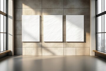 Poster - modern contemporary gallery interior with three blank canvases bathed in natural light through large