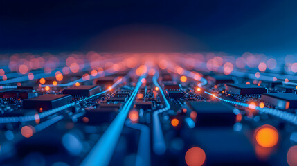 Poster - Abstract close-up of a futuristic circuit board with glowing lights and intricate patterns in shades of blue and orange colors