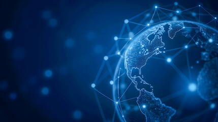Poster - Abstract Digital World Map with Network Connections Symbolizing Global Communication and Data Exchange in a Blue Technological Background