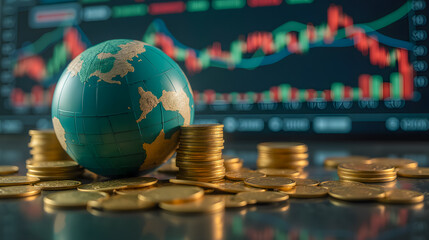 Poster - Global Finance and Investment Concept with Globe and Coins Overlaid on Stock Market Data Visualization Background