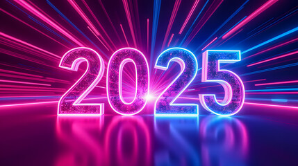 Aufkleber - Bright Neon 2025 Celebration with Colorful Light Streaks and Reflections on a Glossy Surface in a Vibrant Futuristic Style