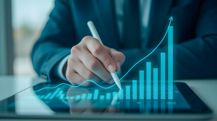 Poster - Business professional analyzing financial growth trends using digital tablet with holographic charts and graphs for modern analytics and reports