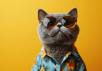 Cool Cat in Sunglasses and Tropical Shirt Poses Against Bright Yellow Background for Fun and Playful Pet Portrait Photography