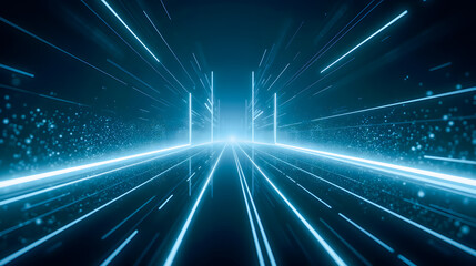 Poster - Futuristic blue light streaks glowing in a dark space environment creating a sense of speed and technology advancement in digital visuals