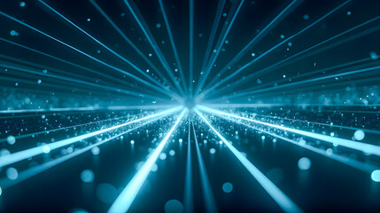 Poster - Rays of Light in Blue Space Creating a Stunning Visual Effect with Glowing Particles and Dynamic Motion Background
