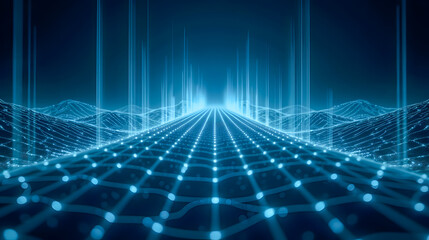 Poster - Futuristic Digital Landscape with Glowing Lines and Nodes Abstract Visualization of Technology and Data Flow in a Cybernetic Environment