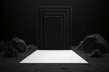 Poster - Monochromatic Minimalism: A stark, minimalist composition features a series of receding black rectangles forming a gateway, set against a dark, textured background with rough stones.