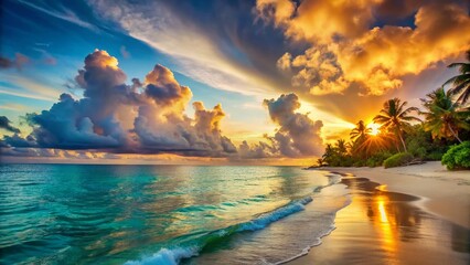 Canvas Print - Tropical Beach Sunset: Clear Blue Sea, White Clouds, Open Space