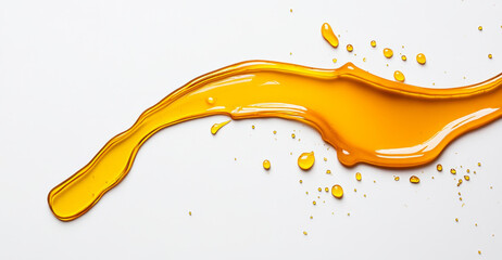 Poster - Golden honey flows and splashes across a smooth white surface, showcasing its thick, viscous texture and vibrant color. The dynamic shapes formed add a touch of beauty to this natural substance.