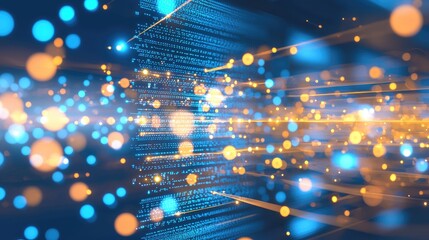 Poster - Abstract depiction of data flow with glowing blue and orange light particles, ideal for illustrating high-speed networks, data transmission, and digital communication