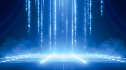 Poster - Ethereal Light Beams Descending onto Glowing Grid Surface in a Dark Blue Atmospheric Setting with Mist and Sparkles