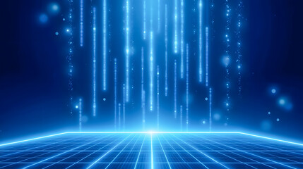Poster - Bright blue abstract background with glowing vertical lines and grid pattern for technology, digital motion, and futuristic themes