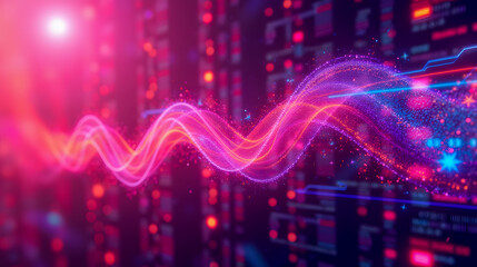 Poster - Abstract Waves of Colorful Light Flowing Through a High-Tech Data Environment with Digital Elements and Dynamic Patterns