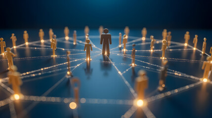 Poster - Human network connection concept with glowing nodes, social interaction, and collaboration represented by wooden figures on a dark background