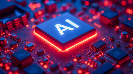 Poster - close-up view of ai processor on electronic circuit board with glowing red lights and circuitry deta