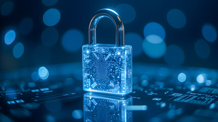 Poster - Transparent digital padlock with glowing lights representing cybersecurity and data protection in technology background