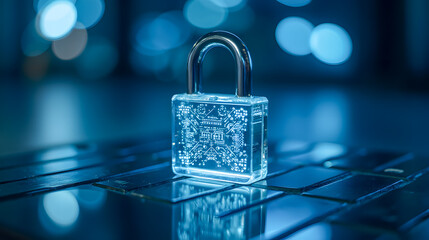 Poster - Futuristic Digital Lock with Circuit Board Design Illuminated by LED Lights on a Dark Background